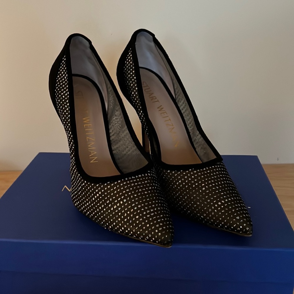 Stuart Weitzman Tasha Mesh Point Toe Pumps 8.5 Black Suede & Silver Glitter $450